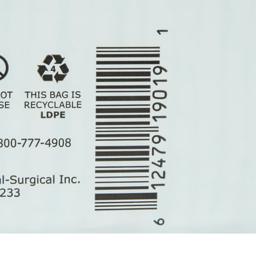 Incontinence brief packaging back panel showing barcode, LDPE recyclable symbol, and manufacturer contact information
