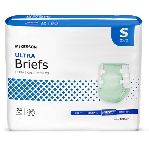 McKesson Ultra Briefs adult incontinence brief package, size small, 24 count, heavy absorbency, white and blue bag