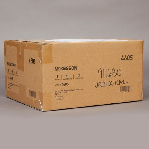 Urinary leg bag case in sealed cardboard shipping box labeled McKesson 4605 with handwritten urological notation