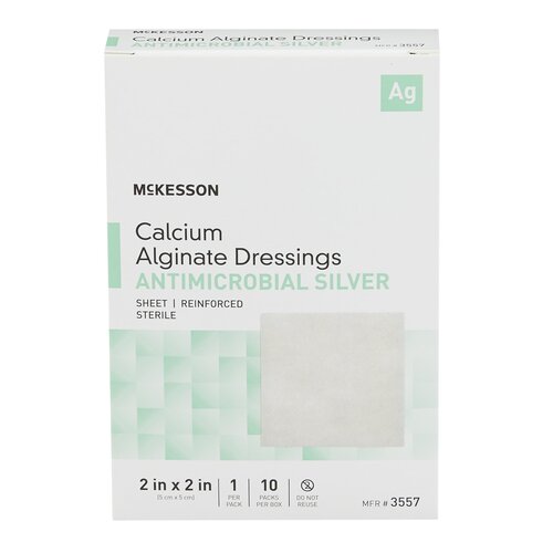 McKesson calcium alginate antimicrobial silver dressing box, 2x2 inch sterile sheet, 10 packs shown with sample dressing pad