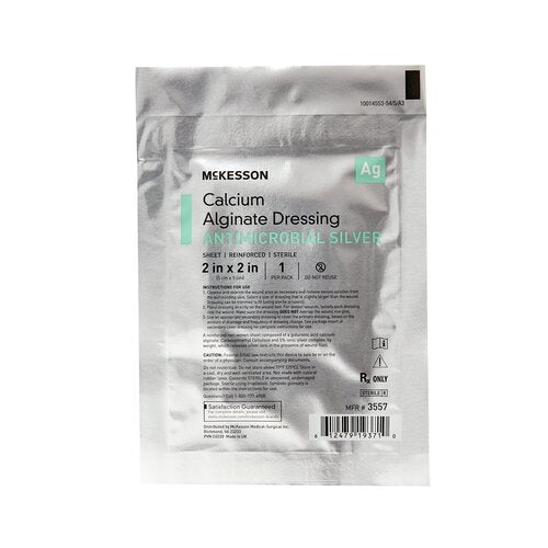 McKesson calcium alginate antimicrobial silver dressing in sealed metallic foil packaging, 2x2 inch sterile sheet, 1 per pack