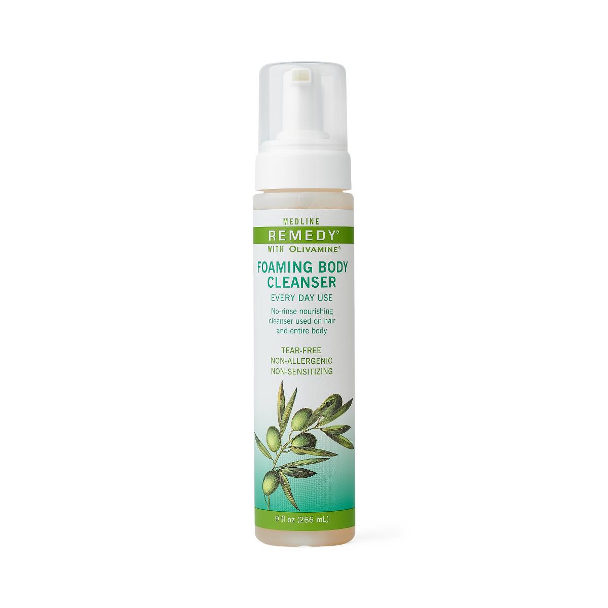 Foaming body cleanser pump bottle with olive branch illustration, 9 fl oz, white and green label on white background