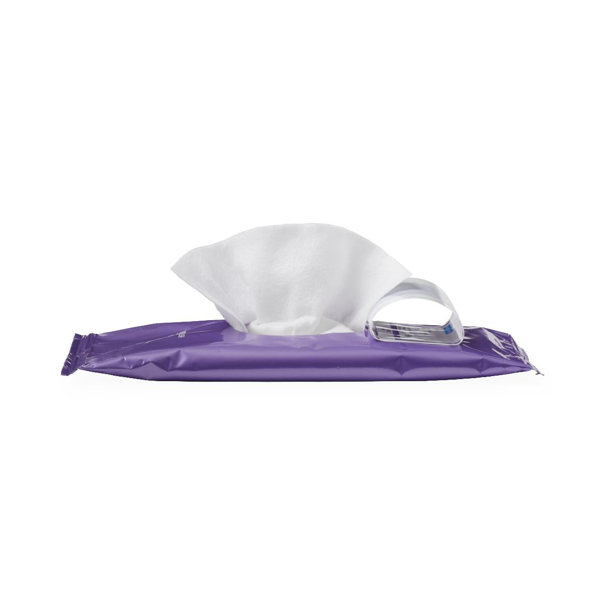 Disposable washcloth package in purple flexible pouch with flip-top lid and white wipe pulled partially out