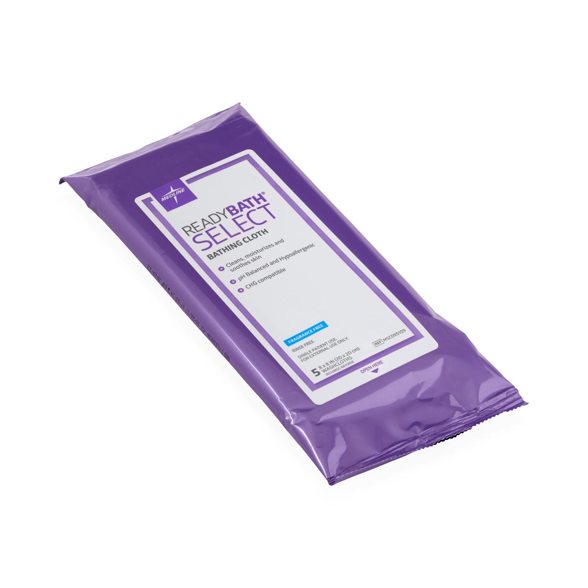 Bathing cloth wipes in a purple ReadyBath SELECT package containing 5 fragrance-free washcloths