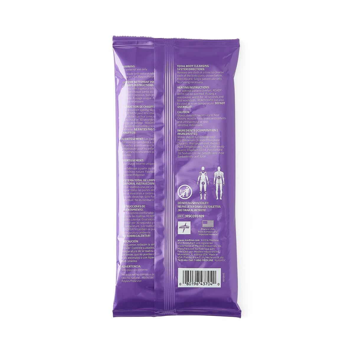 ReadyBath SELECT body washcloth wipes back of purple resealable package showing multilingual instructions and barcode