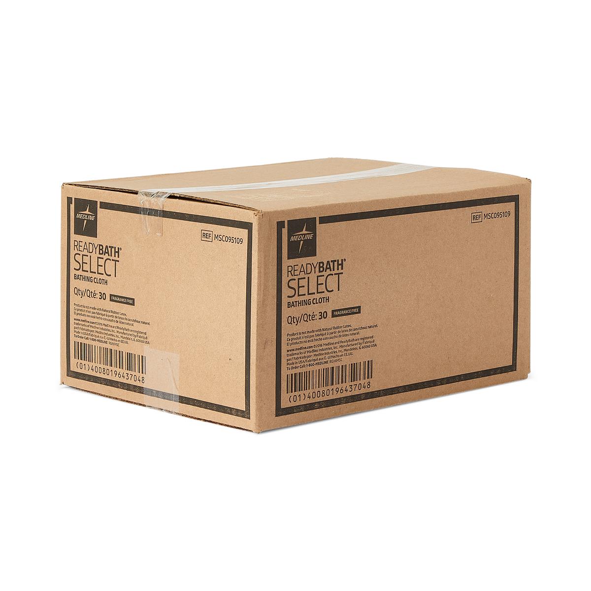 Cardboard box of ReadyBath SELECT bathing cloths, quantity 30, fragrance free, shown at an angle on white background