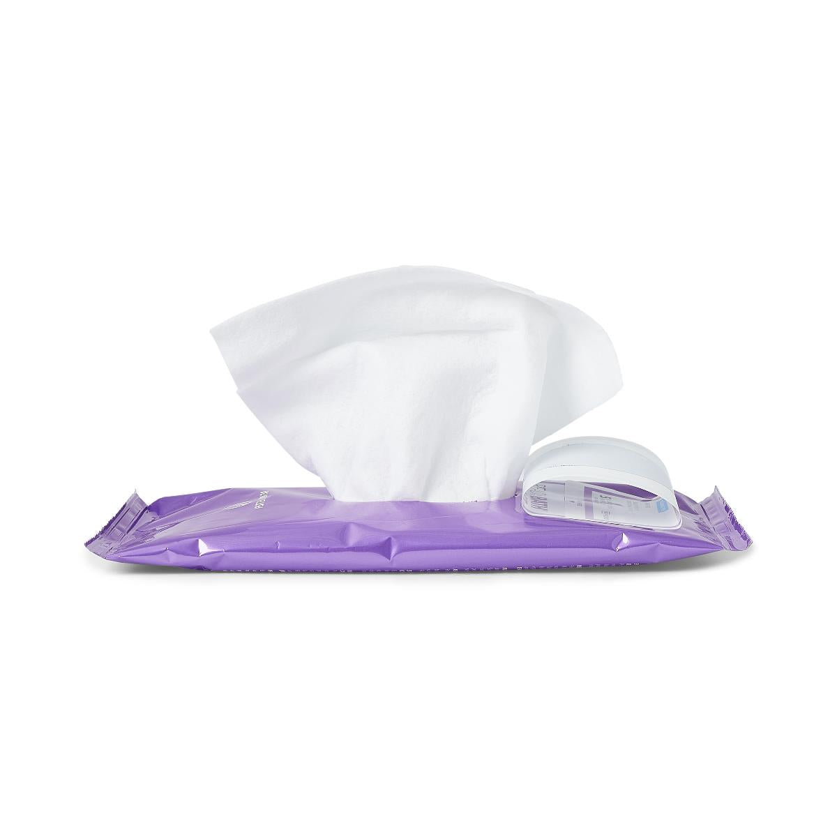 Disposable washcloth wipes in open purple soft-pack with flip-top lid, one white wipe pulled out