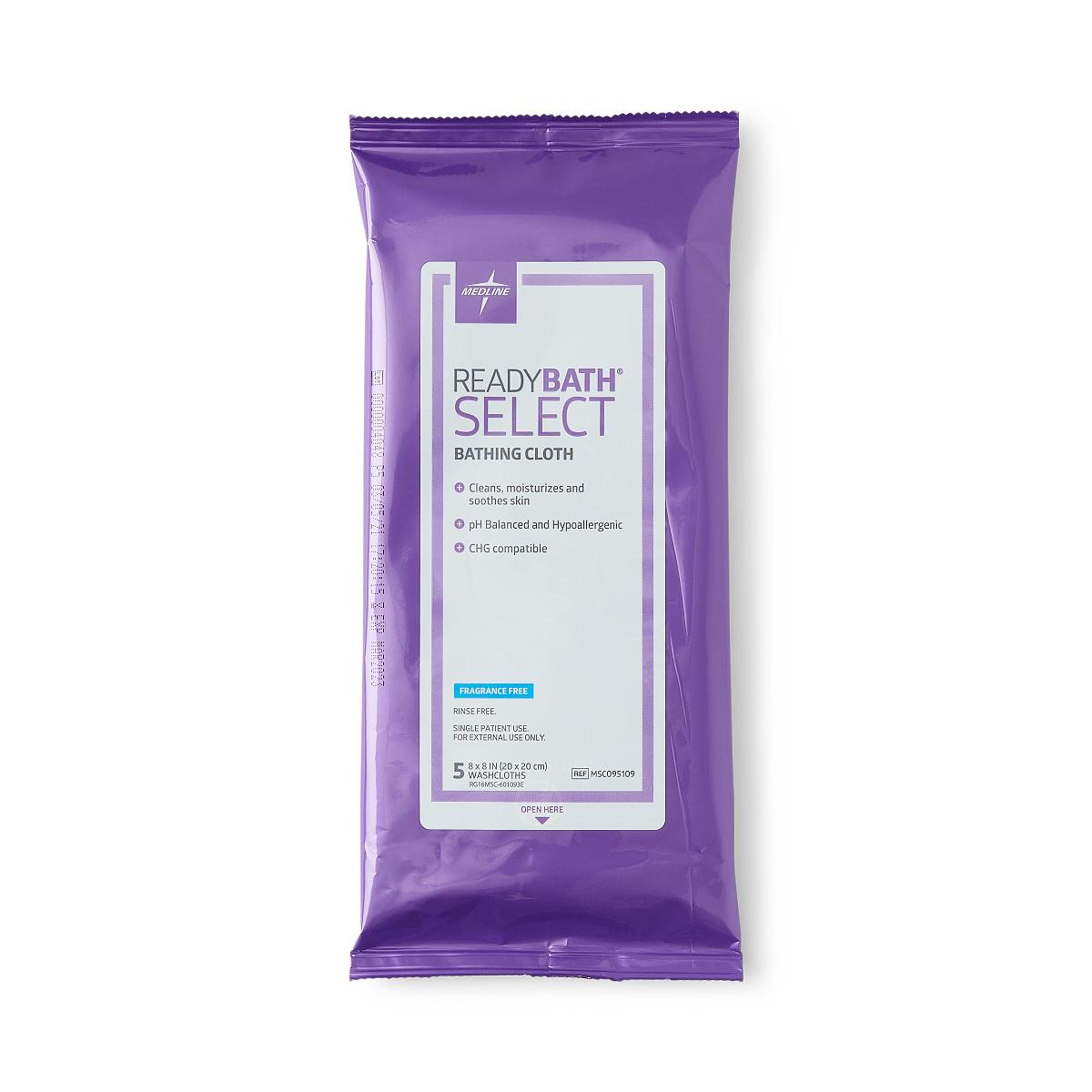 Disposable bathing cloths in a purple soft-pack labeled ReadyBath SELECT, fragrance free, containing 5 washcloths