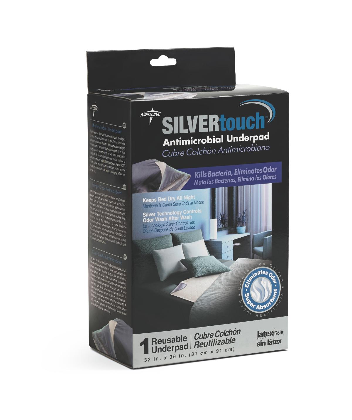 Medline SilverTouch antimicrobial reusable underpad in dark box packaging, 32x36 inches, latex-free
