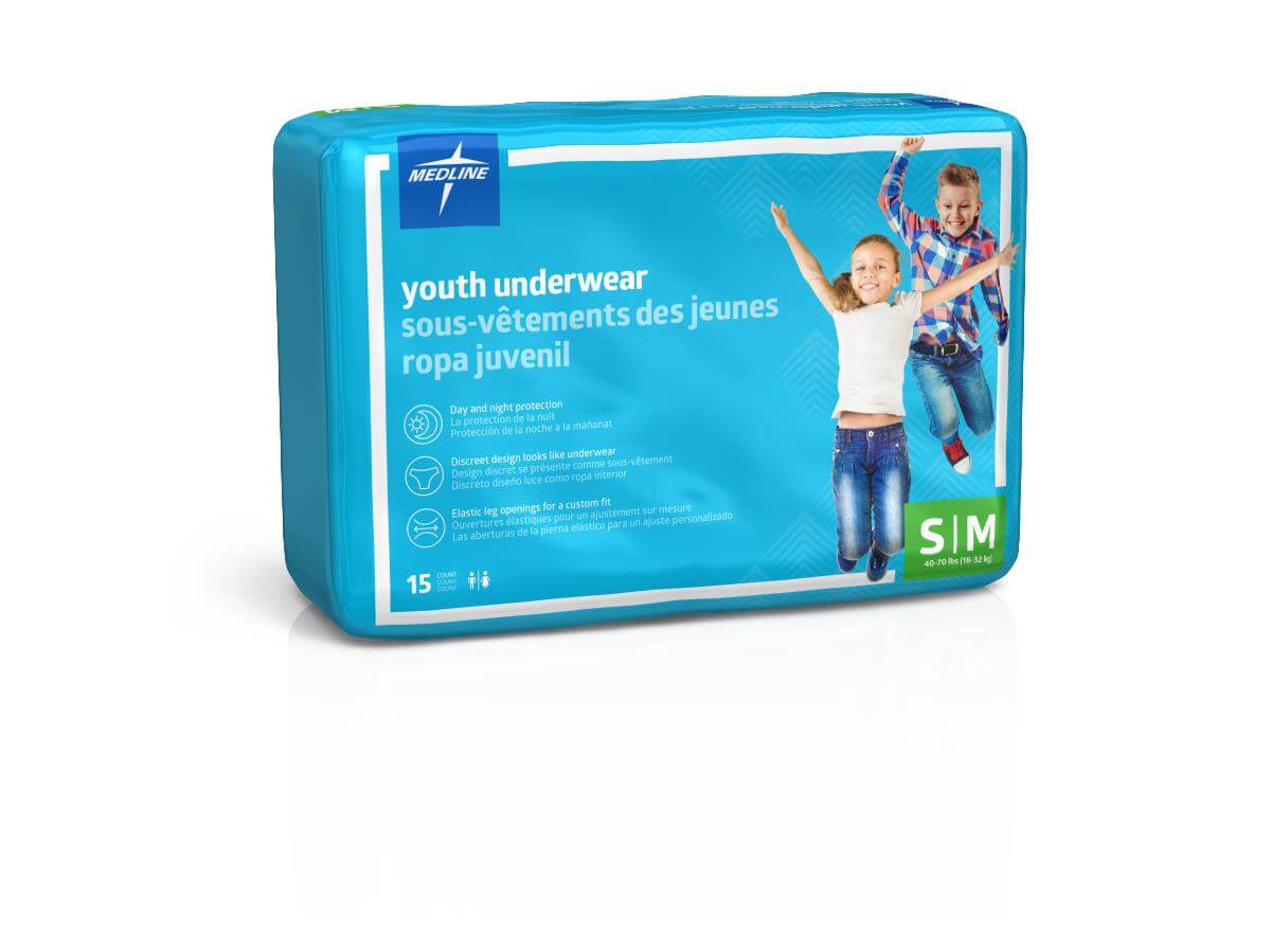 Youth disposable protective underwear in teal packaging, size S/M, 15-count bag with two children jumping on front