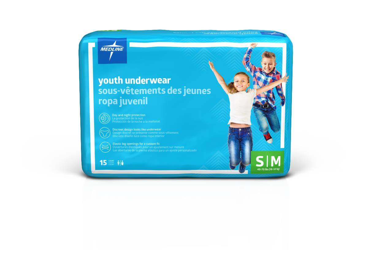 Youth underwear incontinence pull-ups in teal Medline packaging, size S/M, 15-count, with two children jumping on front