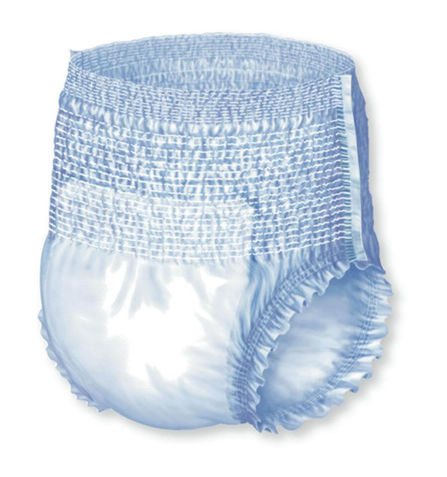 Disposable protective underwear in light blue with wide elastic waistband, ruffled leg openings, and absorbent white inner