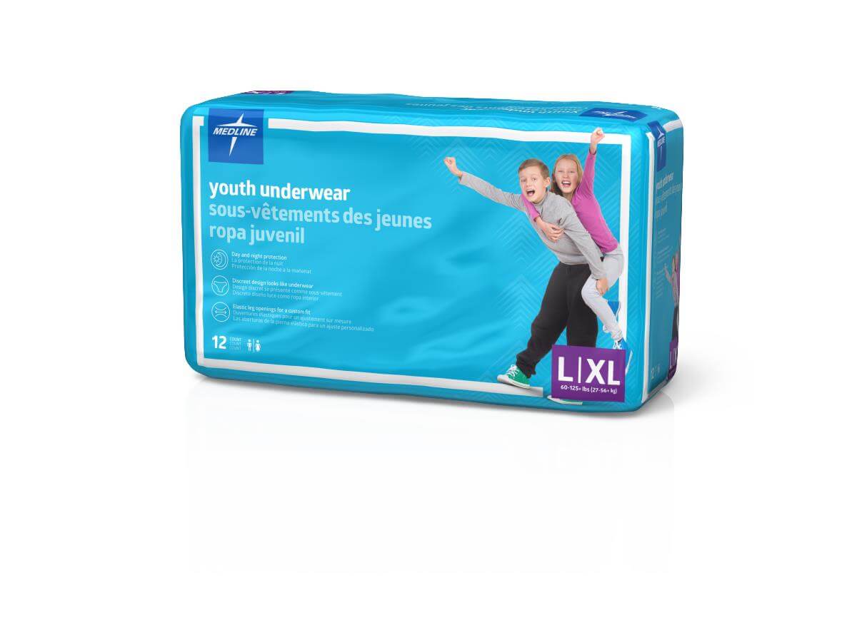 Medline disposable youth underwear package in teal, size L/XL, 12 count, with two children pictured on front