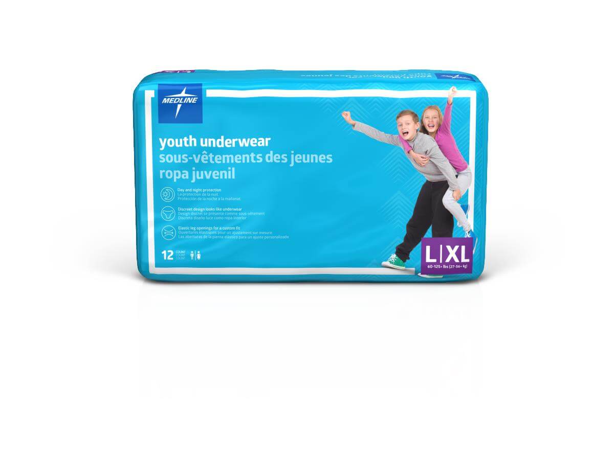 Medline youth underwear package in blue, size L/XL, 12 count, showing two children on the packaging