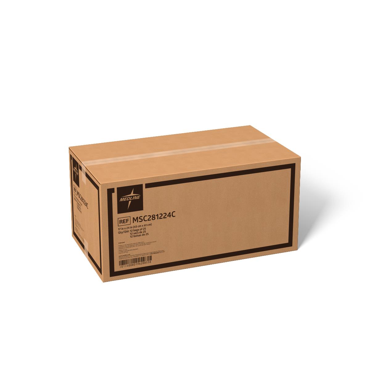 Cardboard shipping box of economy underpads, 17x24 inch, containing 12 bags of 25, on white background