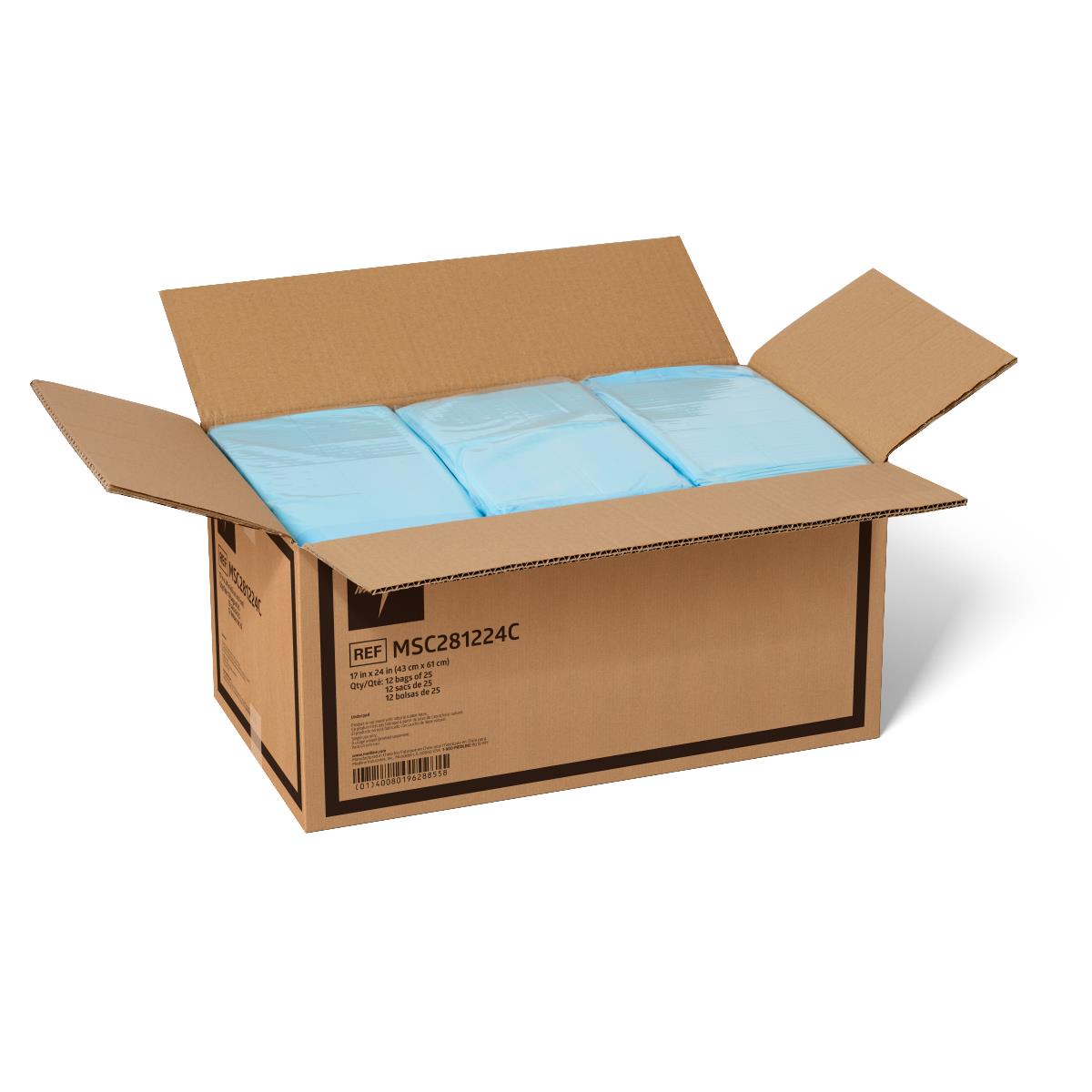 Disposable underpads in light blue, packaged in multiple bags inside an open cardboard bulk case