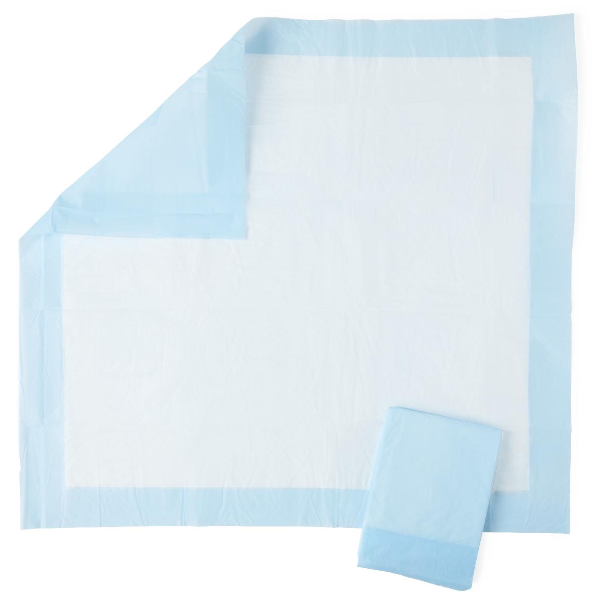 Disposable underpad with white absorbent center and light blue border, shown flat and folded on white background