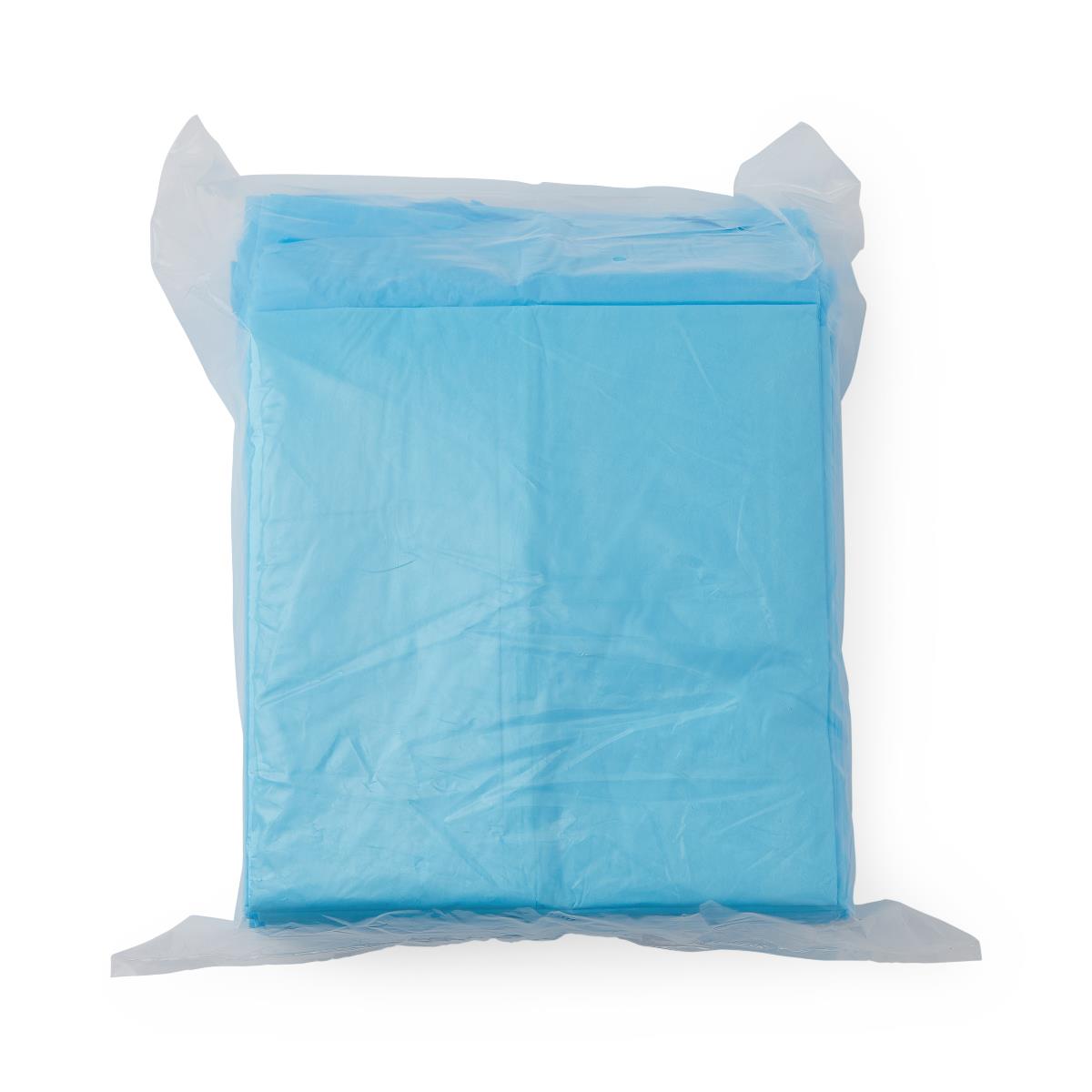 Disposable underpads in light blue, folded and sealed in a clear plastic poly bag