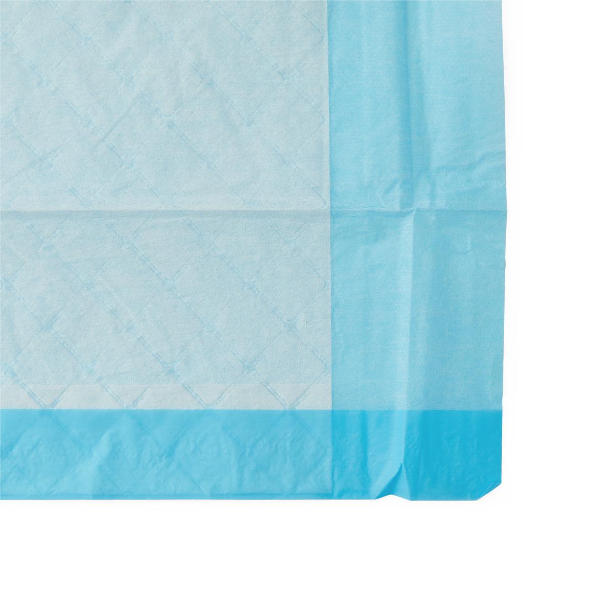 Disposable underpad with light blue quilted absorbent top layer and blue waterproof backing, shown flat against white