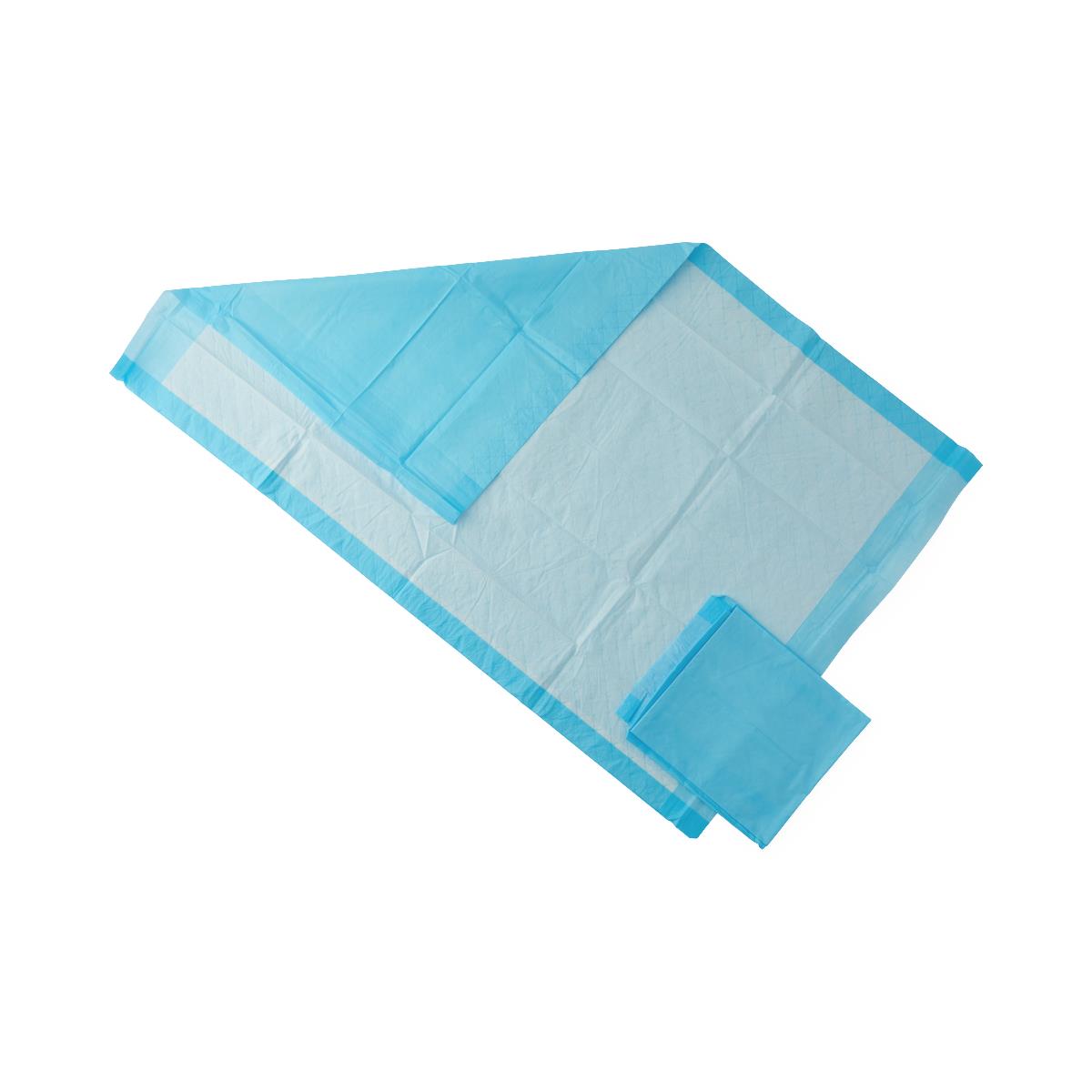 Disposable underpads in blue and white, one unfolded flat and one folded, shown on white background
