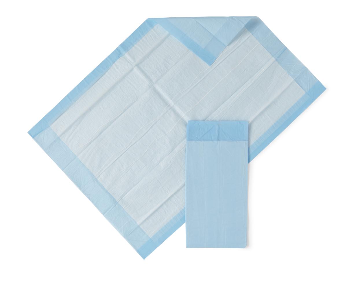 Disposable underpads with blue border shown unfolded and folded on white background