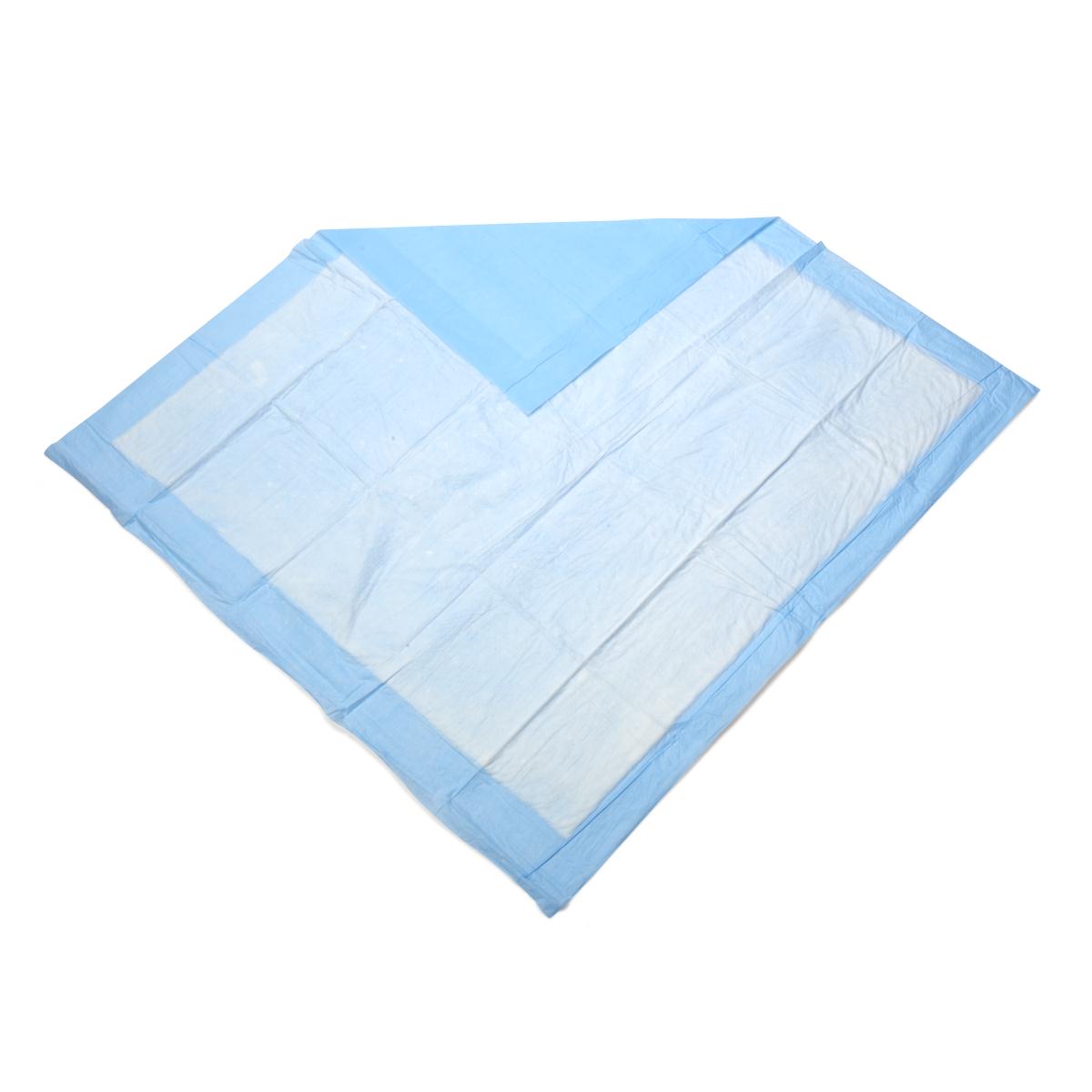 Disposable underpads laid flat showing blue border and white absorbent center panel on white background