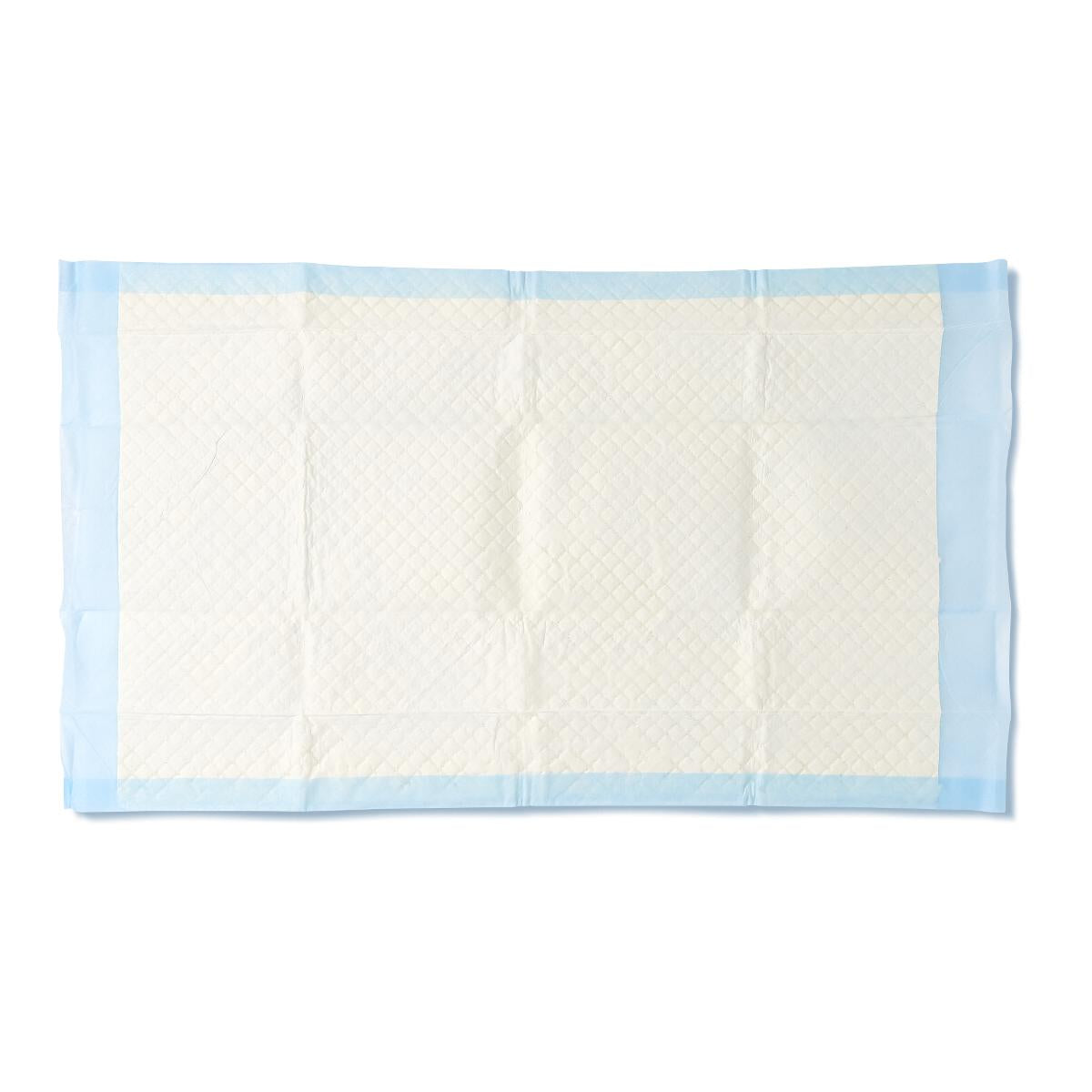 Disposable underpad with white quilted absorbent surface and light blue waterproof border, laid flat on white background