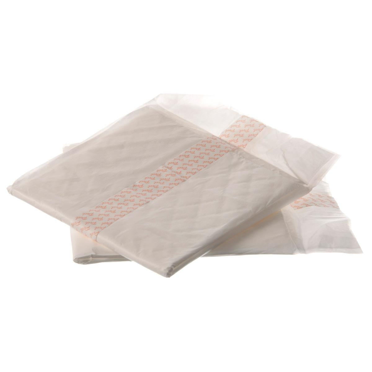 Postpartum pads stacked in a group, white with quilted texture and pink patterned center strip