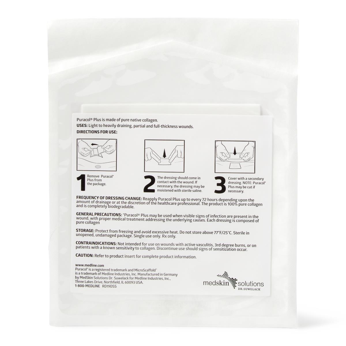Collagen wound dressing packaging showing back label with three-step application instructions and product information from
