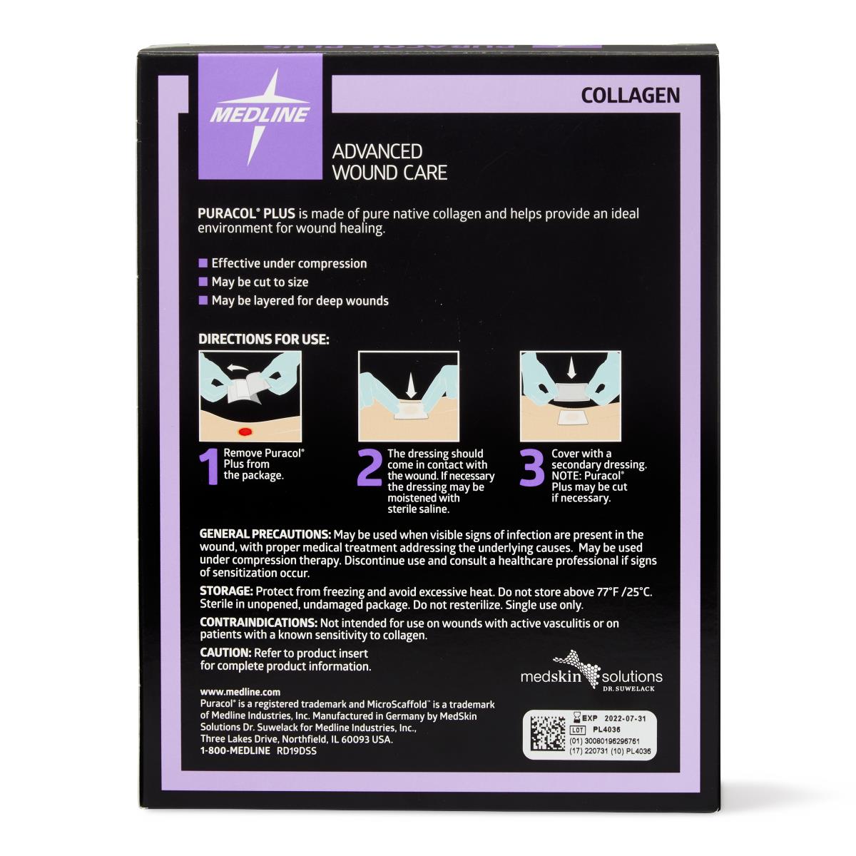 Collagen wound dressing box back panel showing Medline Puracol Plus directions for use, precautions, and application