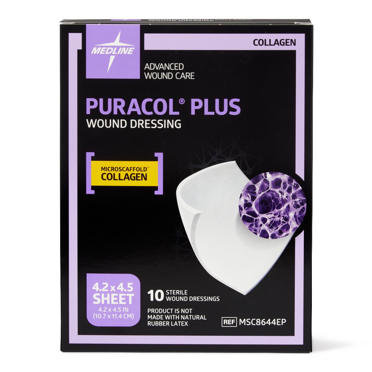 Puracol Plus collagen wound dressing box, black and purple packaging, 4.2x4.5 inch sheet, 10 sterile dressings per box