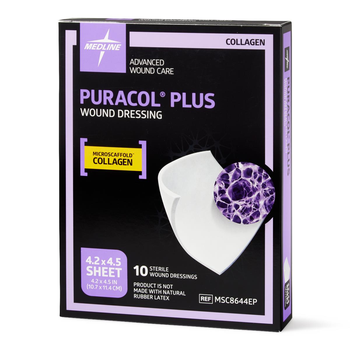 Collagen wound dressing box in black and purple packaging showing a white sheet dressing and microscopic collagen detail, 10