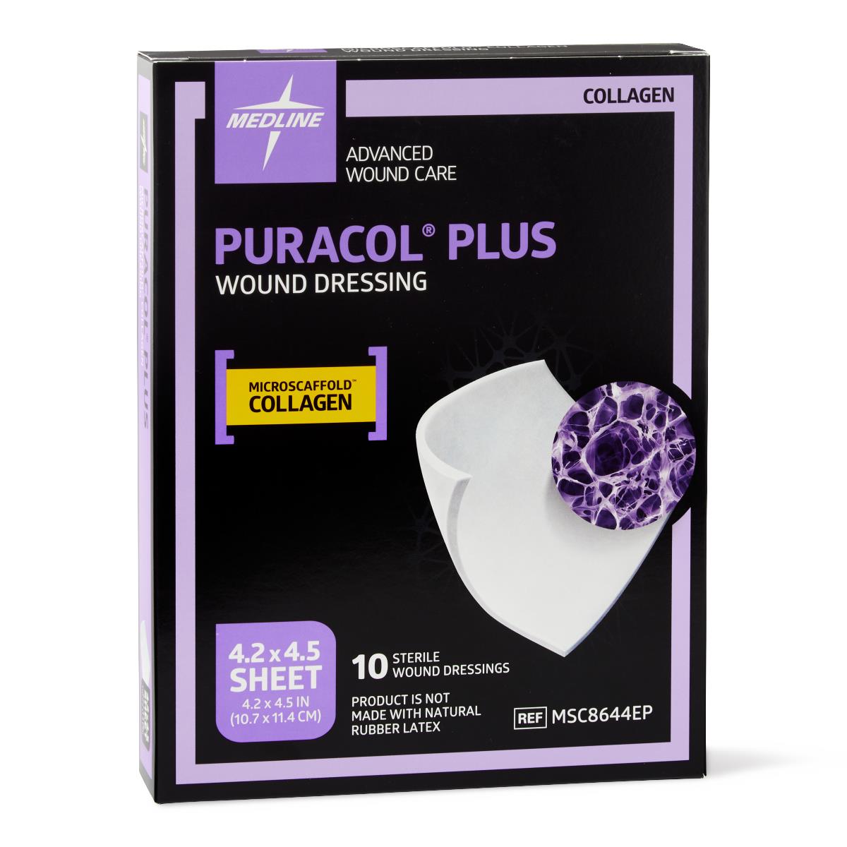 Collagen wound dressing box by Medline, black and purple packaging, showing a white sheet dressing and microscopic collagen