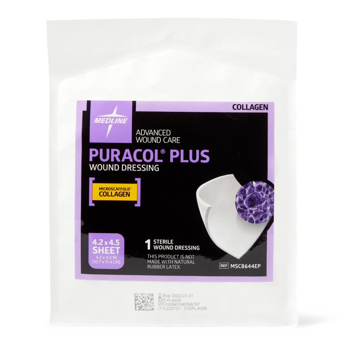 Medline Puracol Plus collagen wound dressing in sealed packaging, single sterile sheet, 4.2x4.5 inch size shown on label