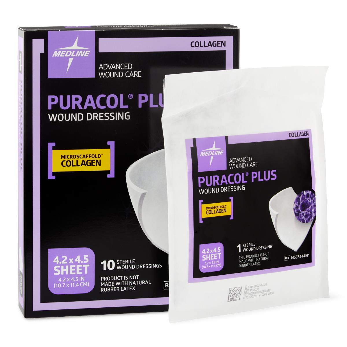 Collagen wound dressing box of 10 and single sterile packet, black and purple packaging with Puracol Plus branding