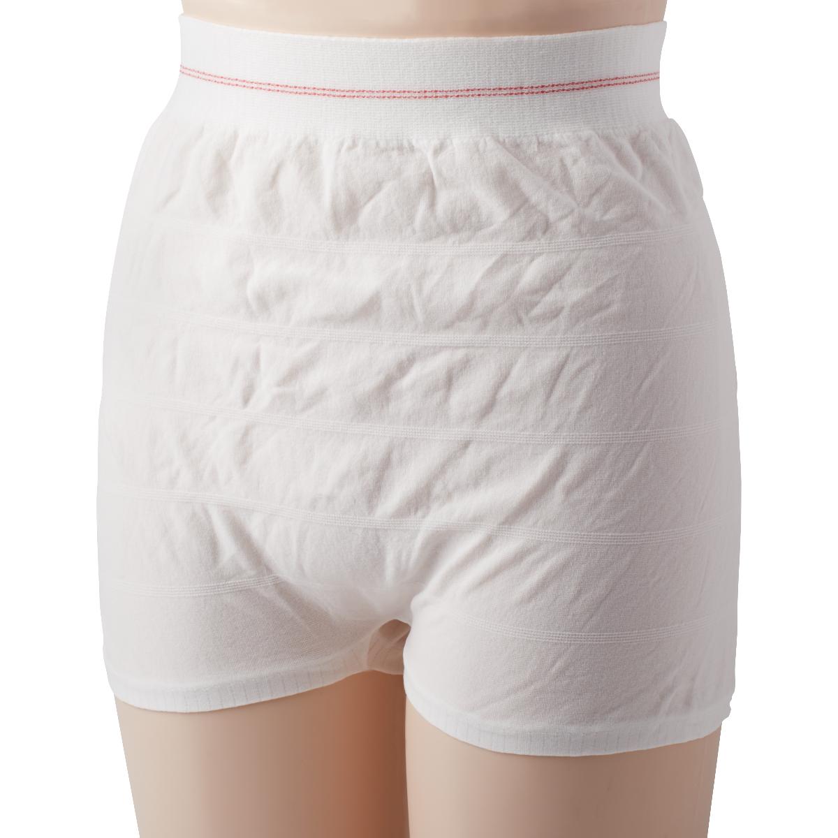 Disposable incontinence pull-up underwear in white with red stitching at waistband, shown from the back on a mannequin torso