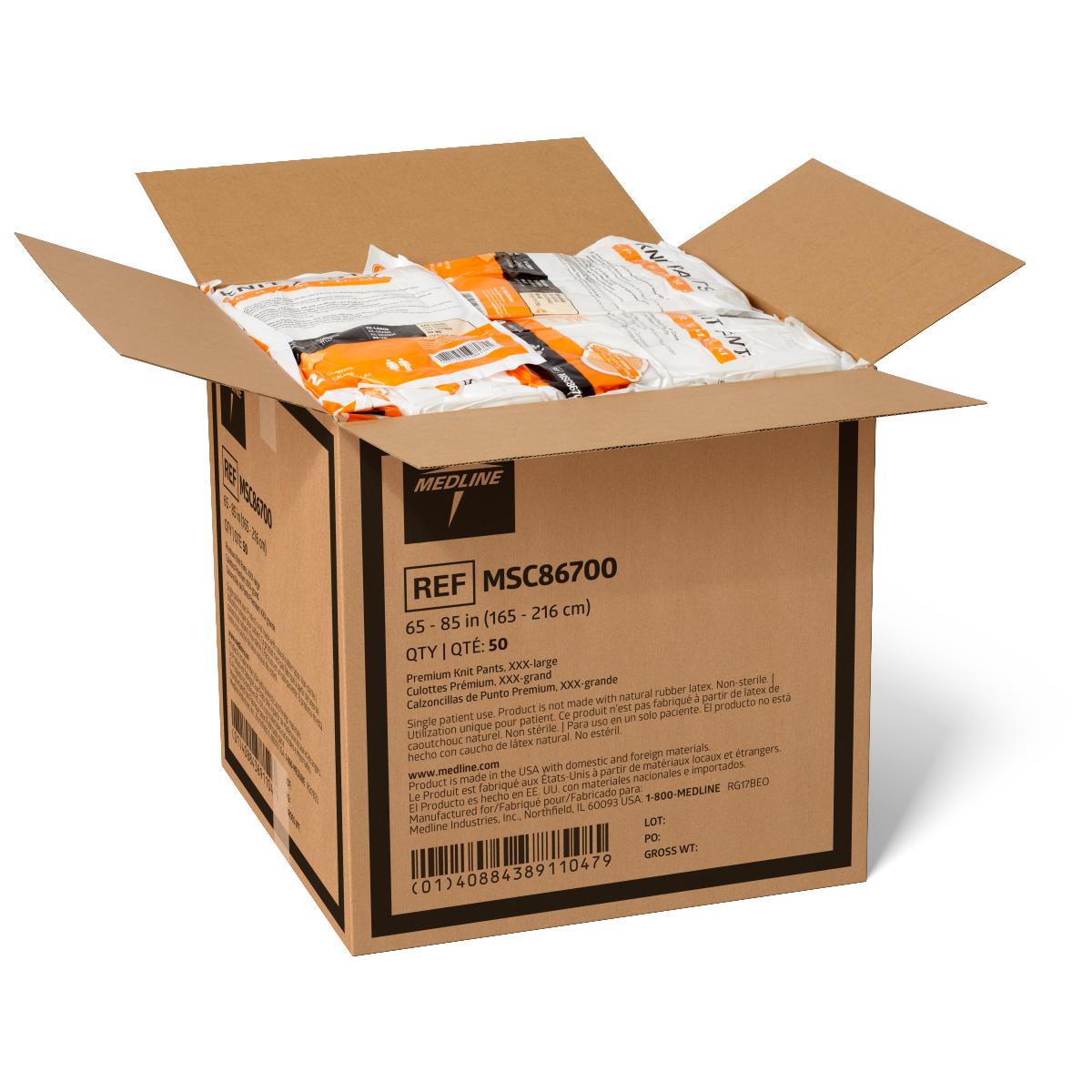 Open cardboard case of Medline premium knit pants XXX-large, quantity 50, with individually packaged white and orange