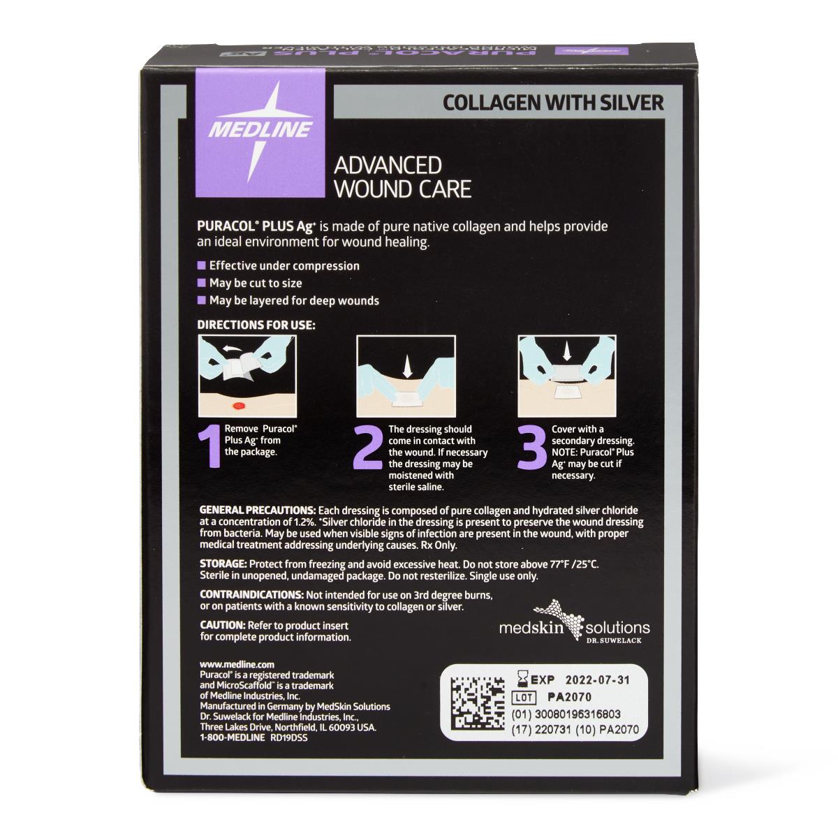 Collagen with silver wound dressing box back panel showing Medline branding, usage directions, precautions, and product