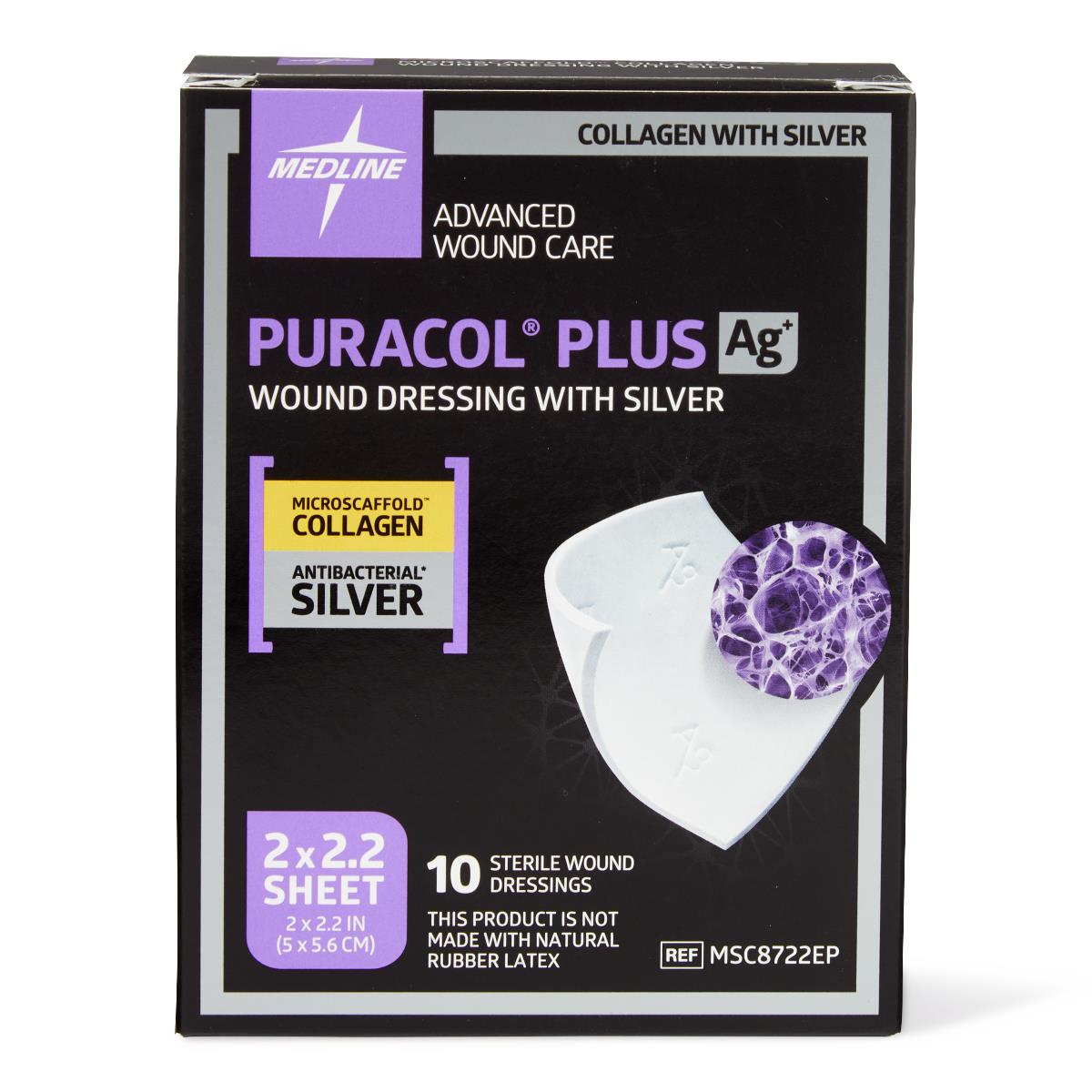 Medline Puracol Plus Ag+ collagen wound dressing with silver box, 2x2.2 in sheets, box of 10 sterile dressings