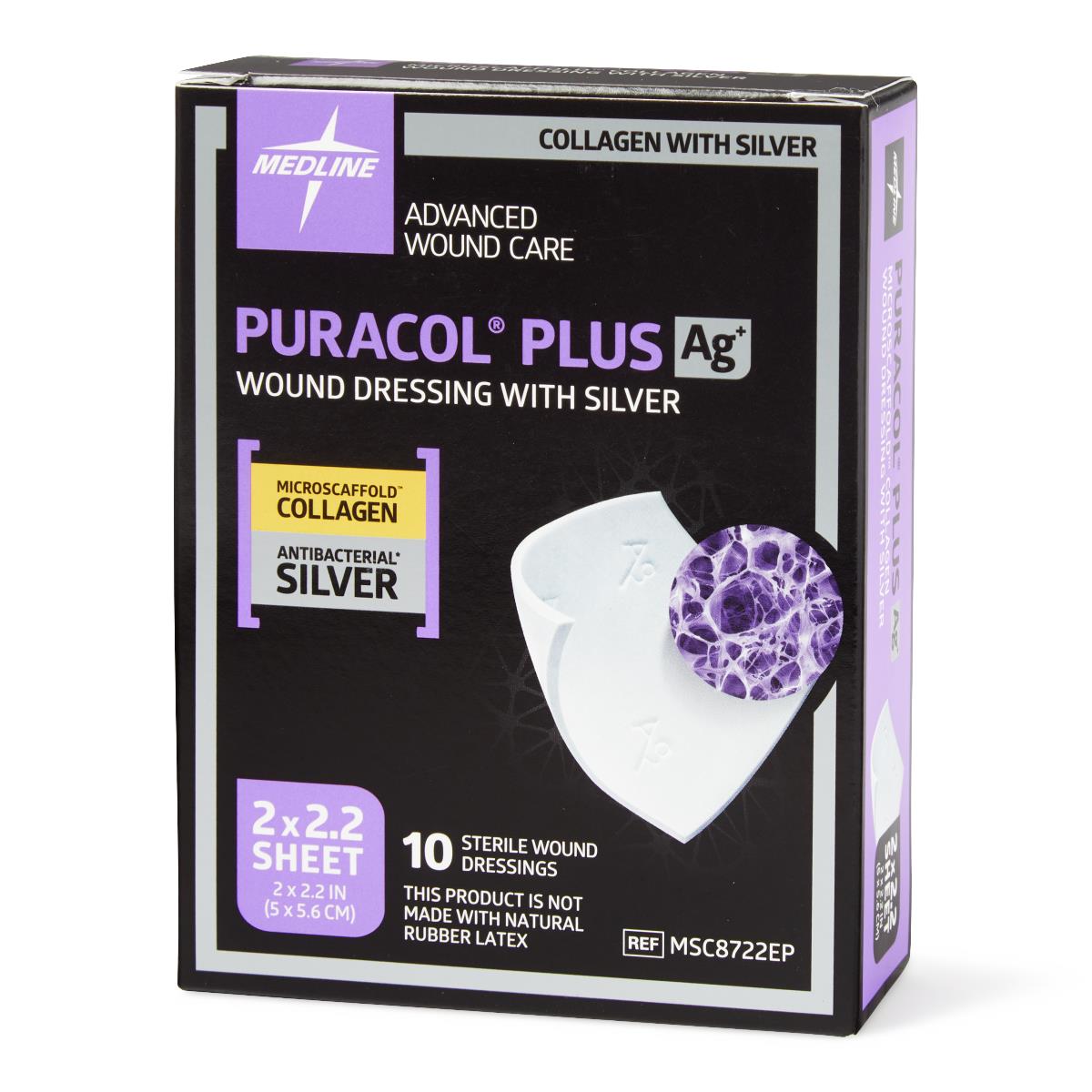 Medline Puracol Plus Ag+ collagen wound dressing with silver, black and purple box containing 10 sterile 2x2.2in sheets