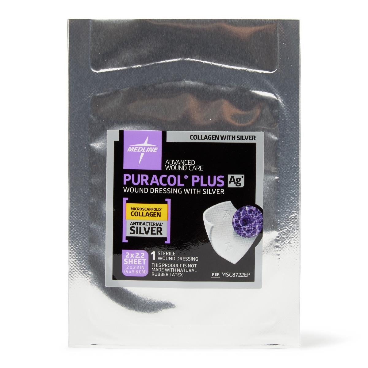 Wound dressing in silver foil pouch with black and purple label showing collagen with silver sheet dressing product