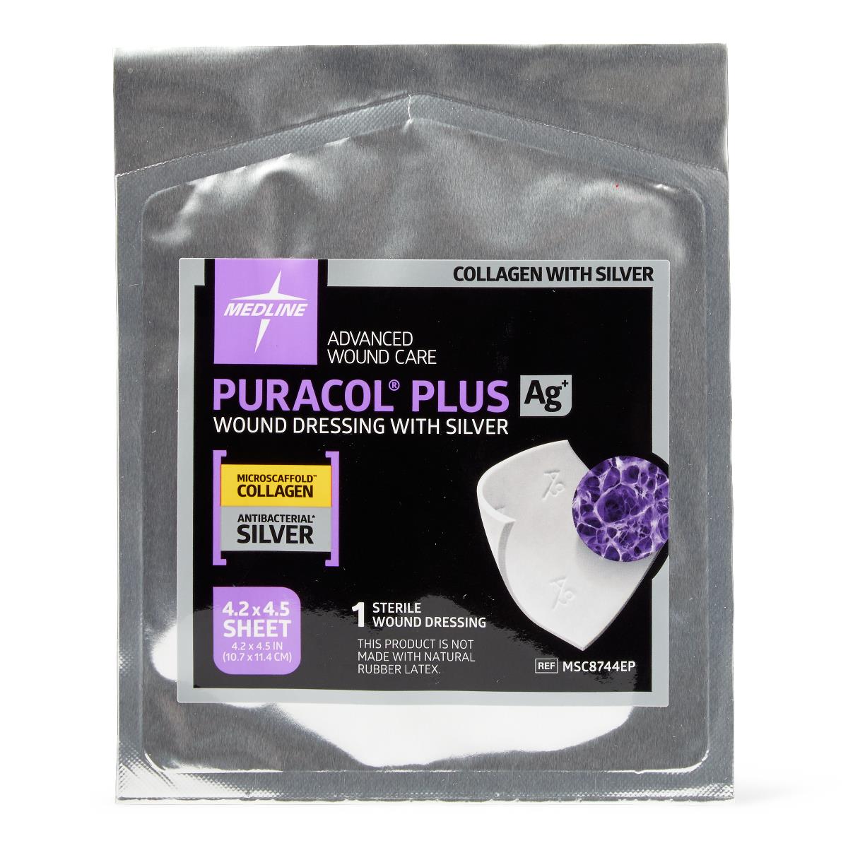 Wound dressing in silver foil packaging labeled Puracol Plus Ag collagen with silver sheet dressing, 4.2x4.5 inches