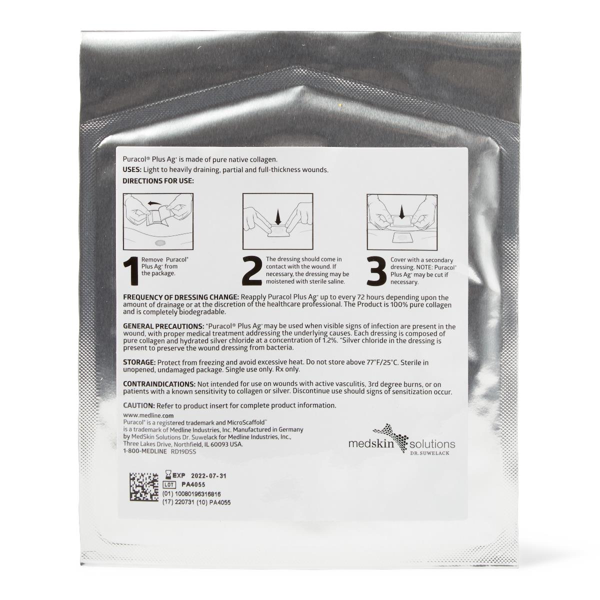 Collagen wound dressing in sealed silver foil packaging showing directions for use, precautions, and usage instructions on