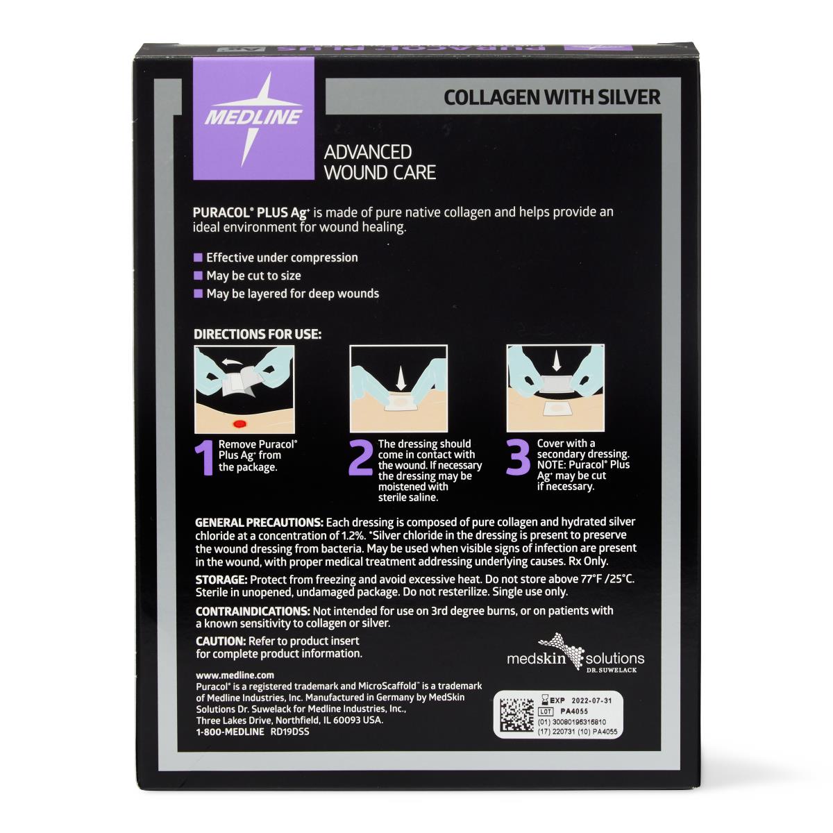 Collagen wound dressing box back panel showing Medline Puracol Plus Ag directions for use, precautions, and usage diagrams