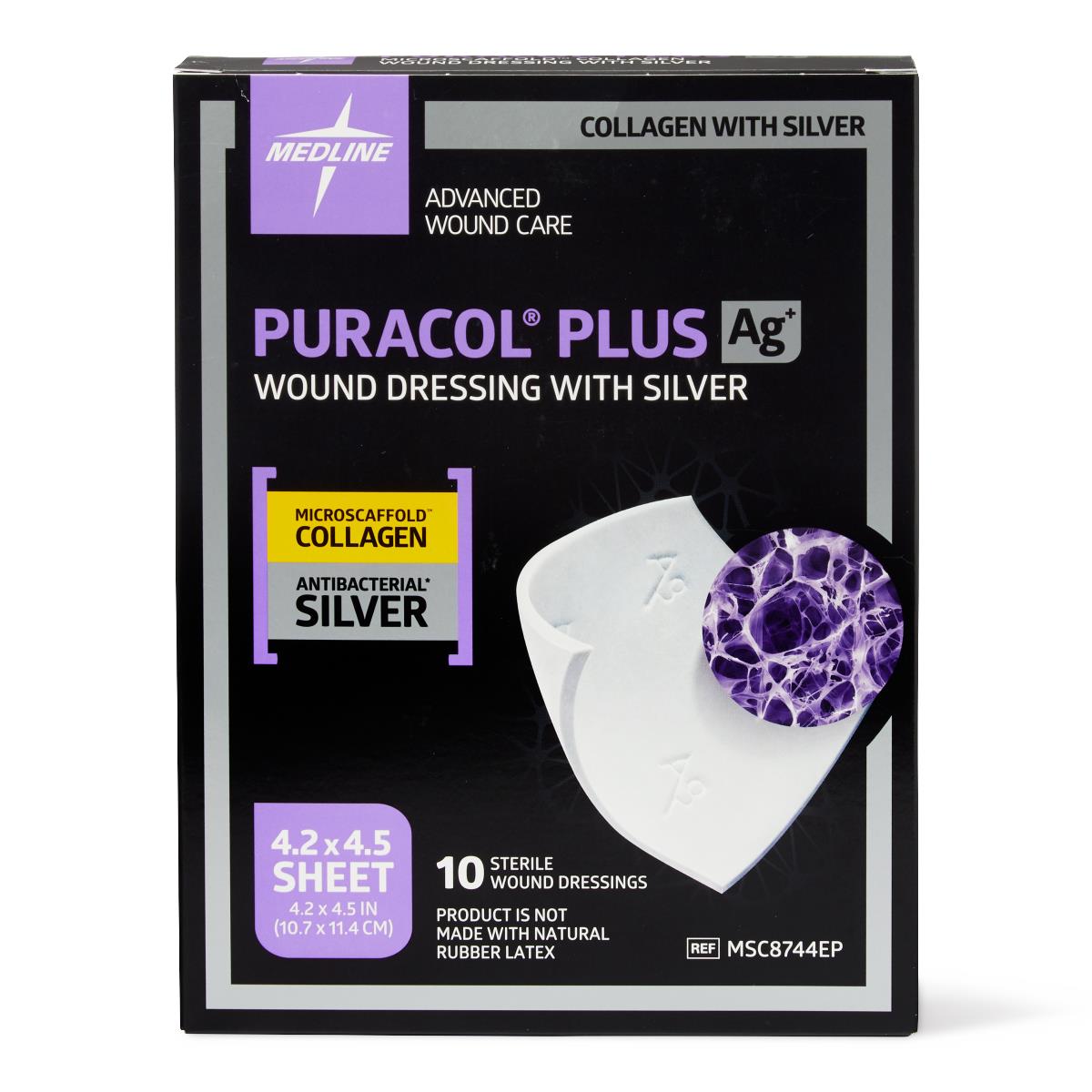 Wound dressing box of Medline Puracol Plus Ag+ collagen with silver, 4.2x4.5 in sheets, 10 sterile dressings, black and