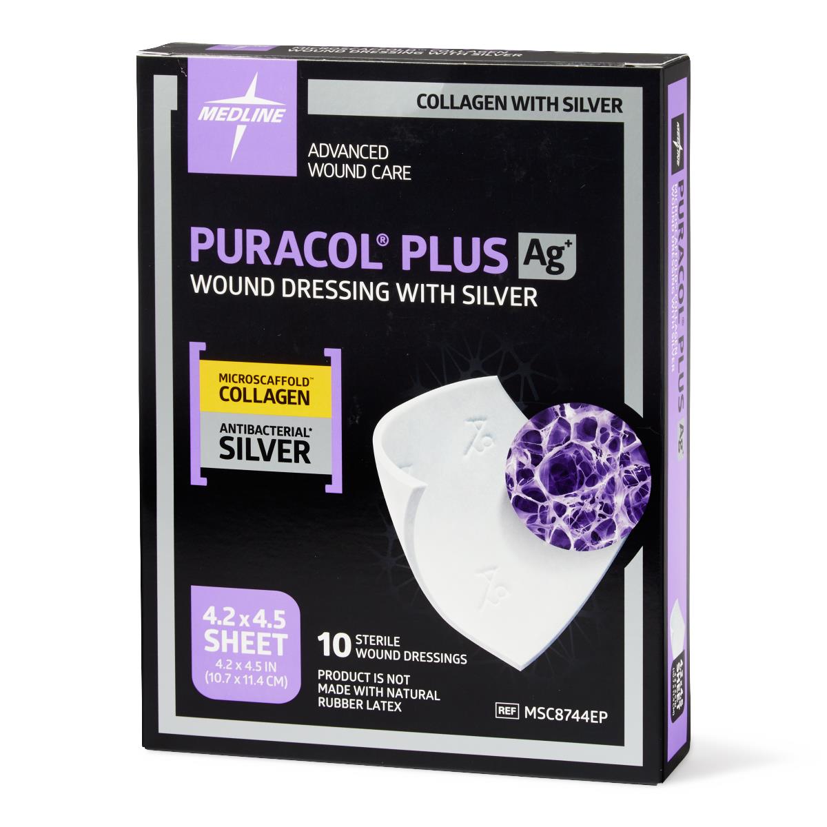 Puracol Plus Ag collagen wound dressing with silver in black and purple box, 10 sterile sheets, 4.2x4.5 inches