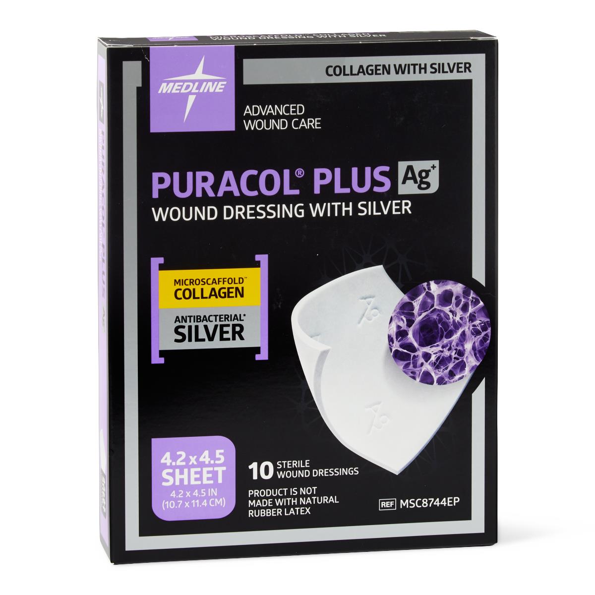 Medline Puracol Plus Ag+ collagen wound dressing with silver, black and purple box of 10 sterile sheets, 4.2x4.5 in