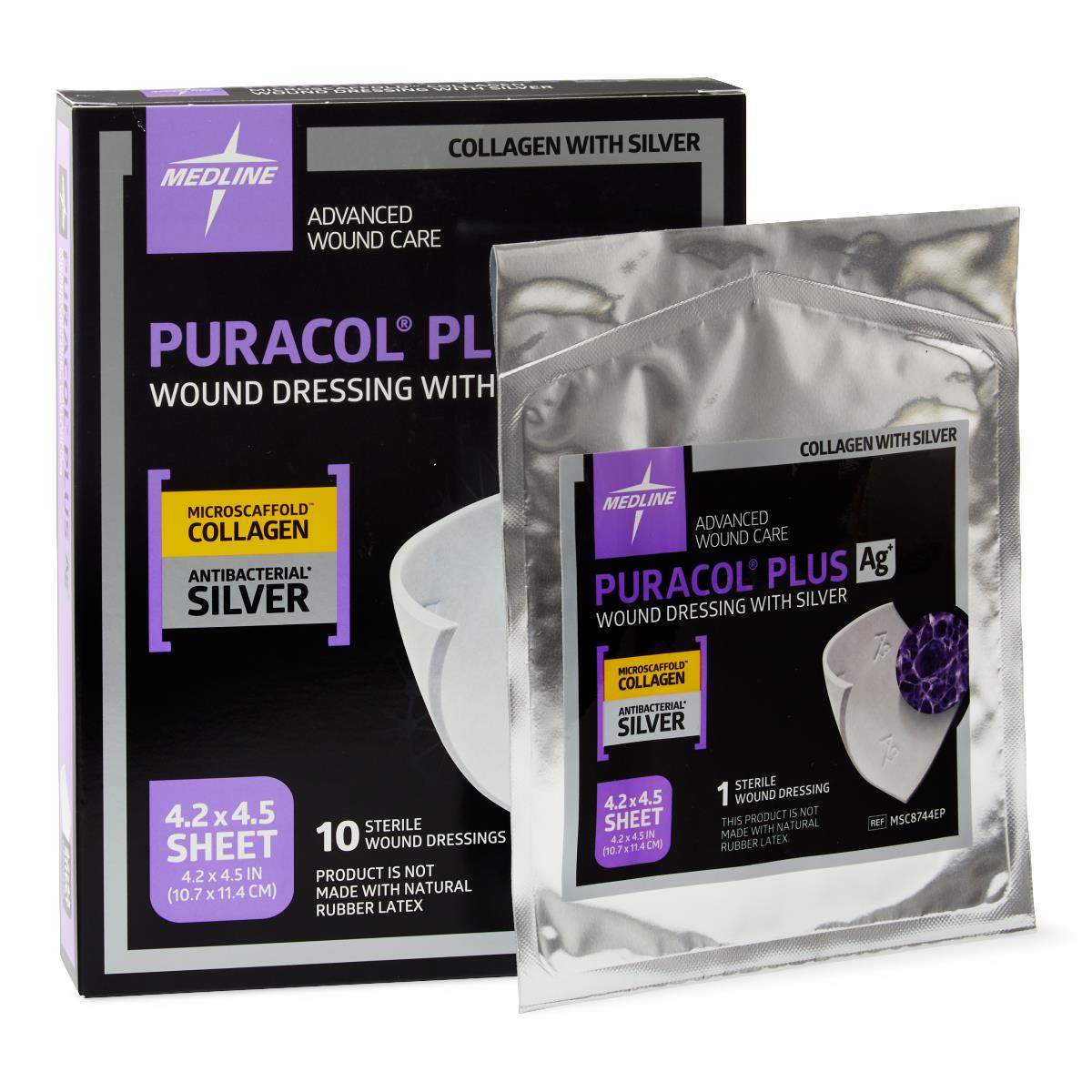 Medline Puracol Plus AG collagen wound dressing with silver, box of 10 and individual foil packet on white background