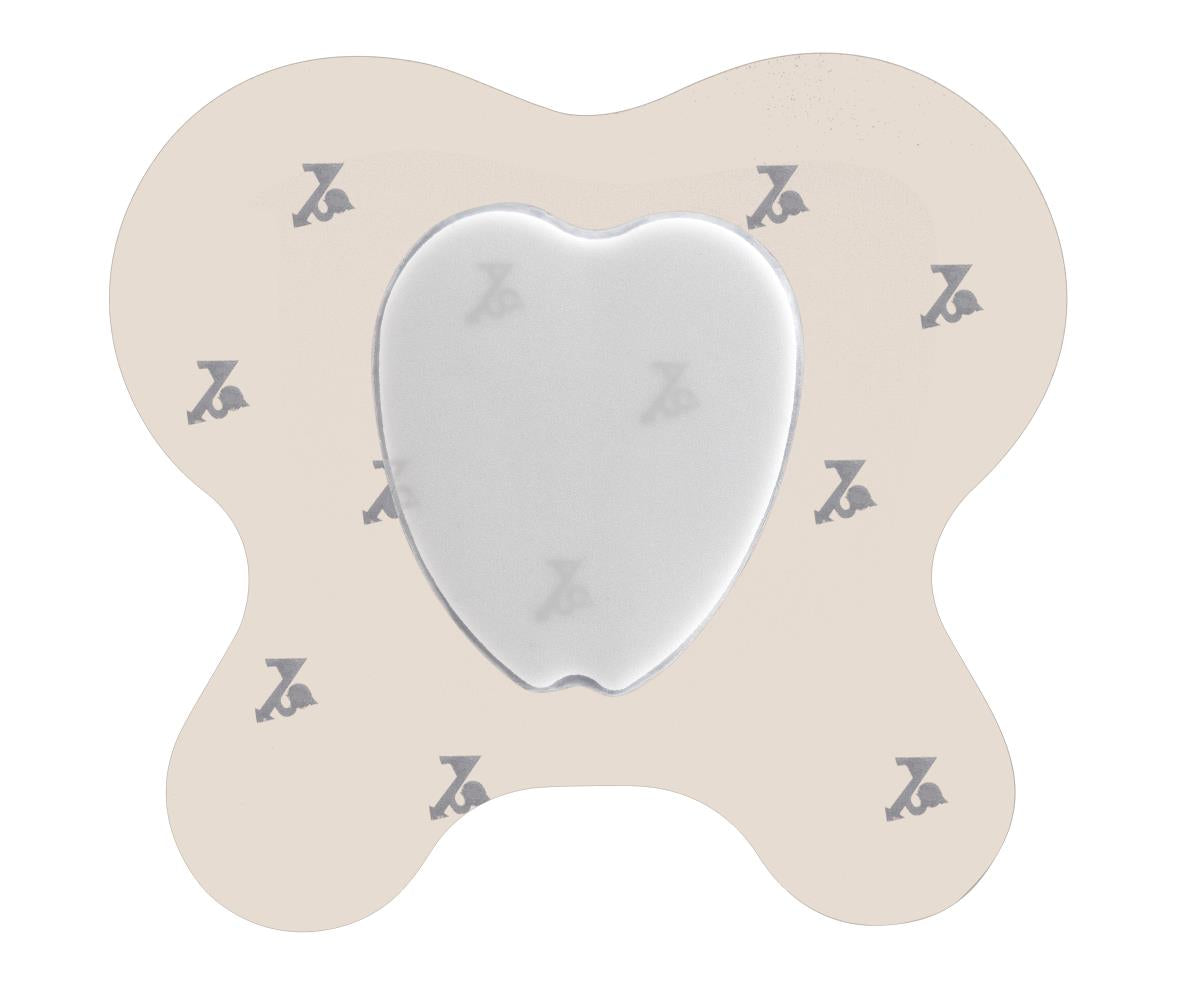 Optifoam Ag adhesive foam wound dressing with butterfly-shaped border and heart-shaped absorbent pad center, beige with logo