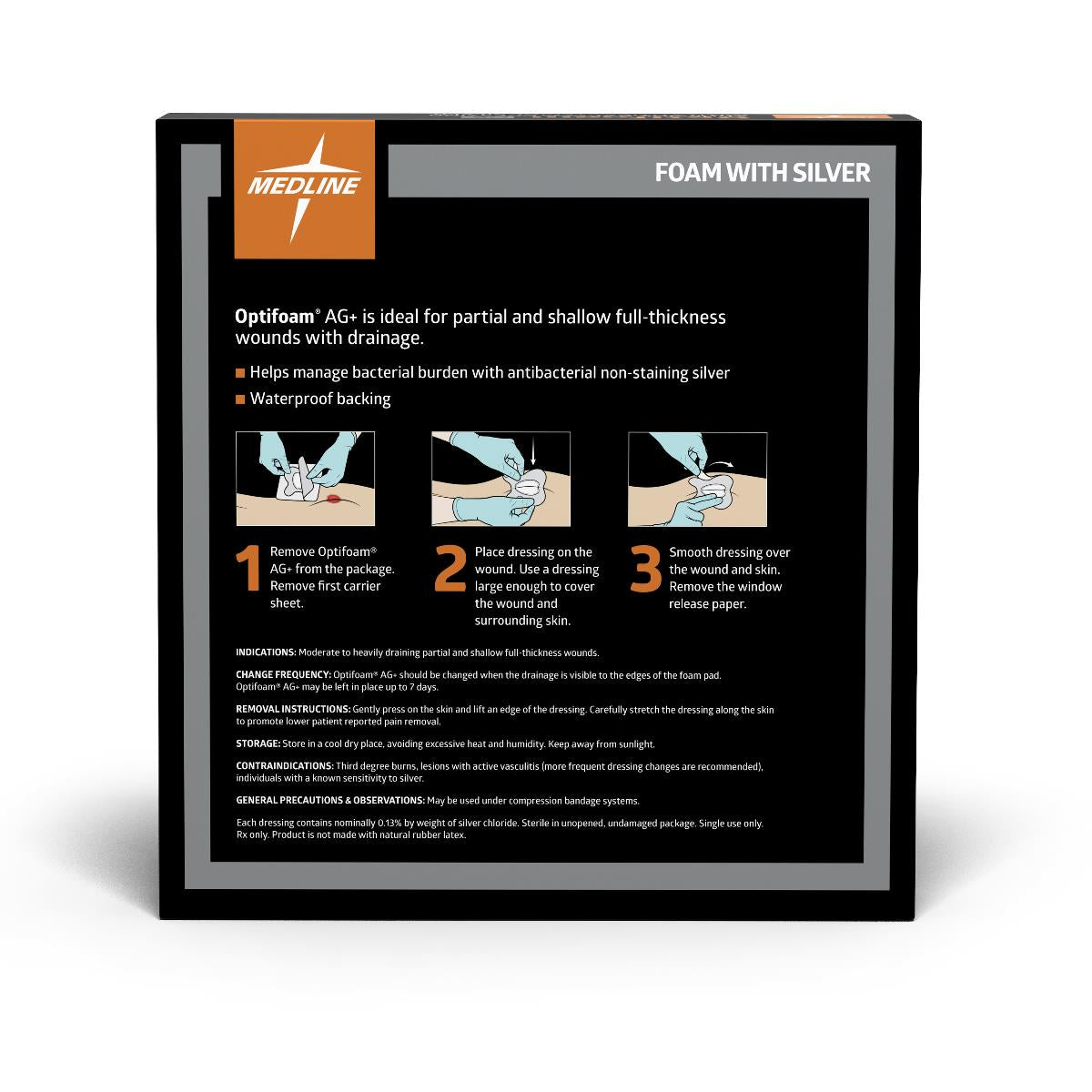 Foam wound dressing with silver back of box showing Medline branding, product features, and three-step application